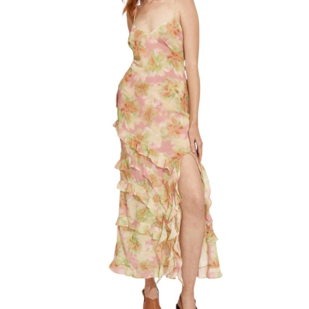 Nwt! Bardot Cantara Print Maxi Dress Ruffle Slit Pink Flora Sz 10 Xl
